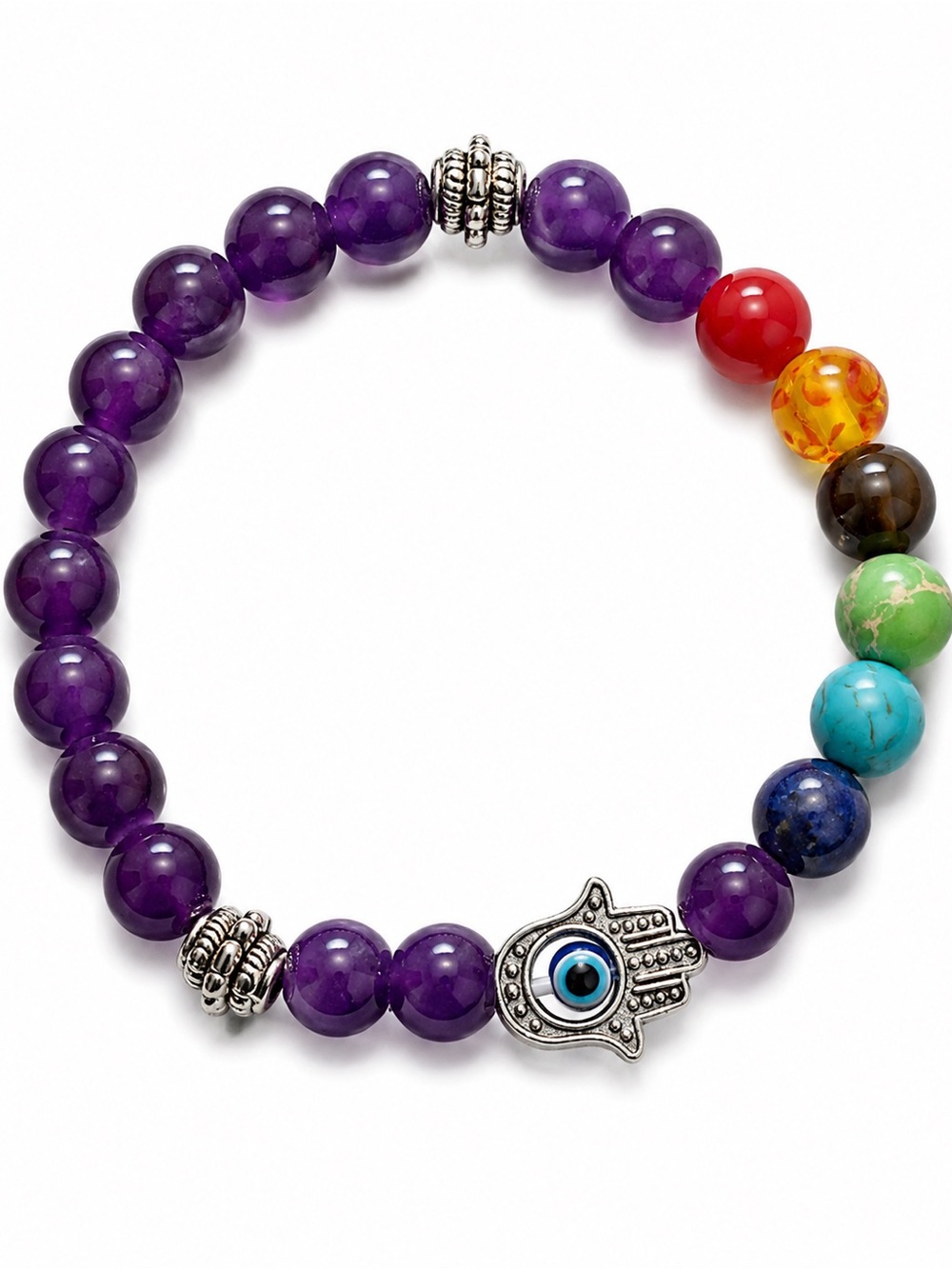 🪬🧿Amethyst & Multicolor Chakra Bead Hamsa Bracelet #4 🧿🪬
